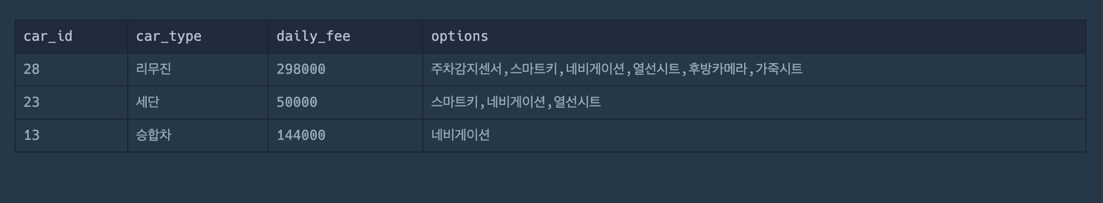 특정 옵션이 포함된 자동차 리스트 구하기 살행 결과
